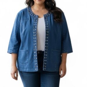 AMX Vintage Denim Jacket Plus Size 3X Studded Rhinestone Boho Shacket Blue Coat